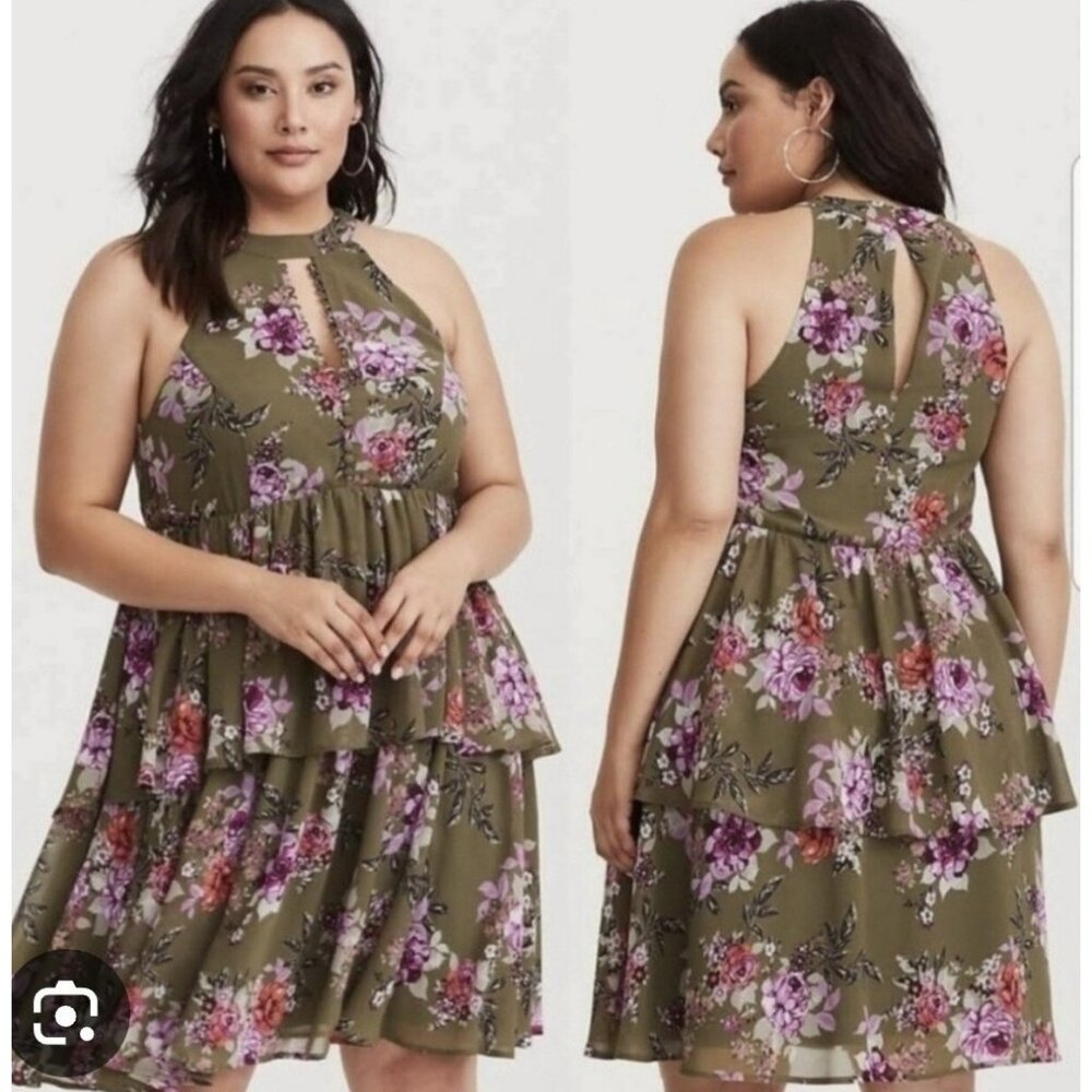 Torrid Dress Size 0 Floral Chiffon Ruffled High Neck Olive Green Layered Sexy